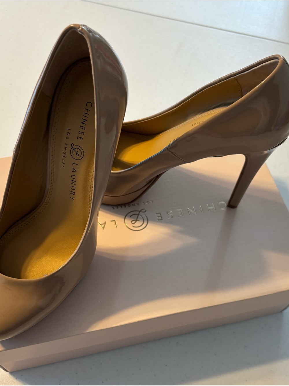 Chinese Laundry Taupe Patent Stiletto Pumps